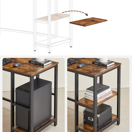 Derins Schreibtisch, L-förmiger Computertisch, 138 x 138 x 76 cm, Eckschreibtisch mit 2 Ablagen, platzsparender Bürotisch, Gaming, Homeoffice, einfacher Aufbau, vintagebraun-schwarz LWD72X