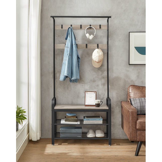 VASAGLE coat rack, coat rack, shoe rack with seat, clothes rack with 9 detachable hooks, bench, 2 net bottoms, 183 cm high, industrial design, gray-black HSR400B02