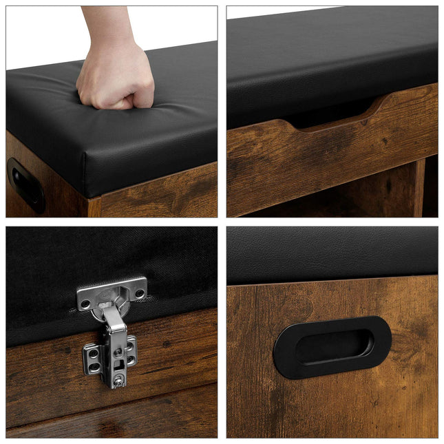 VASAGLE Schuhbank, Bank, gepolstert, 3 offene Fächer, Stauraum unter der Sitzfläche, Schuhregal, Flur, Wohnzimmer, Schlafzimmer, bis 150 kg belastbar, Vintage, dunkelbraun LHS30BX