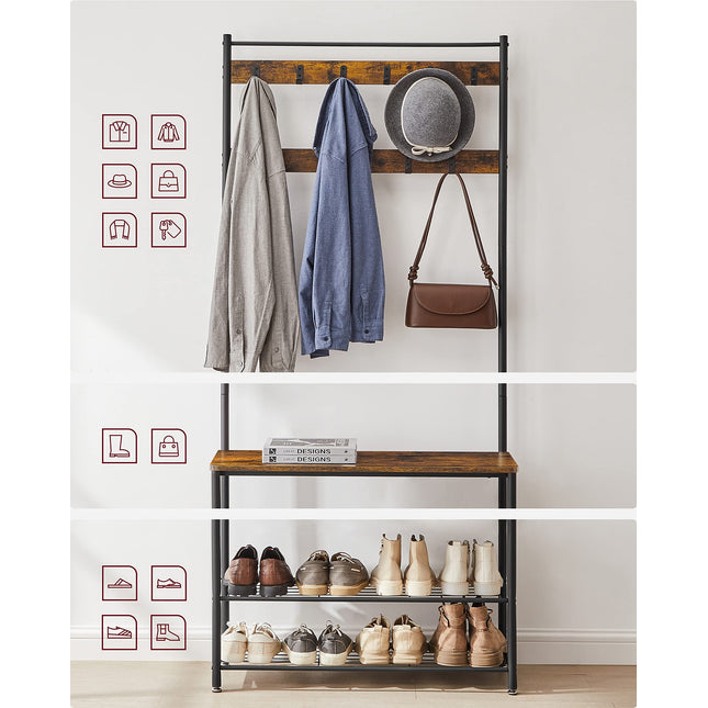 VASAGLE coat rack, clothes rack with shoe racks, shoe rack with seat, for the hallway, with hooks, 3 shelves, made of metal, height 175 cm, industrial design, vintage brown-black HSR401B01