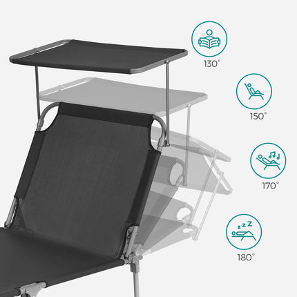 SONGMICS Sonnenliege, Sonnenliege, Gartenstuhl, extra groß, 71 x 200 x 38 cm, belastbar bis 150 kg, mit Kopfstütze und Baldachin, verstellbare Rückenlehne, klappbar, für den Garten, Anthrazit, GCB22GYV2