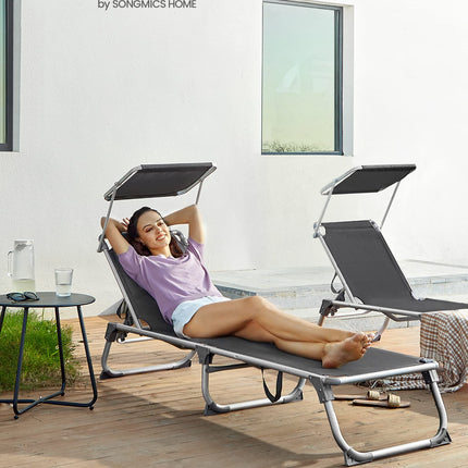 SONGMICS Sun Lounger Sun Lounger Garden Chair with Sun Canopy Adjustable Backrest Foldable Lightweight 55 x 193 x 31 cm Loadable up to 150 kg Garden Balcony and Terrace Anthracite GCB19GYV1