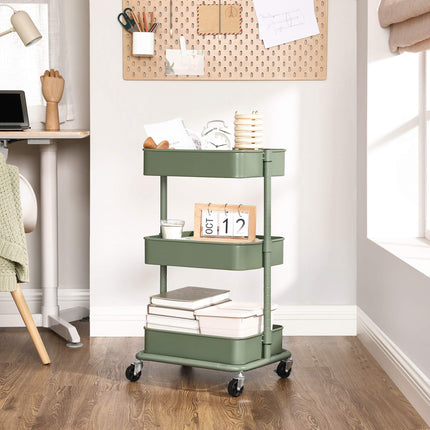 SONGMICS 3-laags opbergwagen, rolwagen, keukenopbergkar met in hoogte verstelbare planken, gereedschapskar met 2 remmen, eenvoudige montage, voor badkamer, keuken, kantoor, olijfgroen BSC060C01