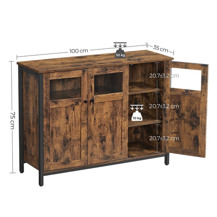 VASAGLE sideboard, kitchen cabinet, storage cabinet, with glass doors, for living room, kitchen, dining room, steel frame, industrial style, vintage brown black LSC099B01