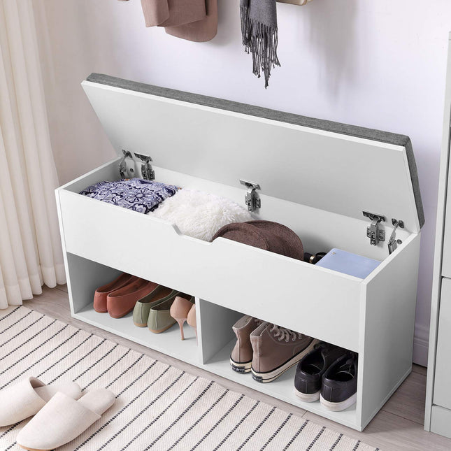 VASAGLE shoe bench, bench, 2 open compartments, storage space under the lid, shoe rack, upholstered seat, hallway, bedroom and entrance, 100 x 30 x 48 cm, white LHS21WT