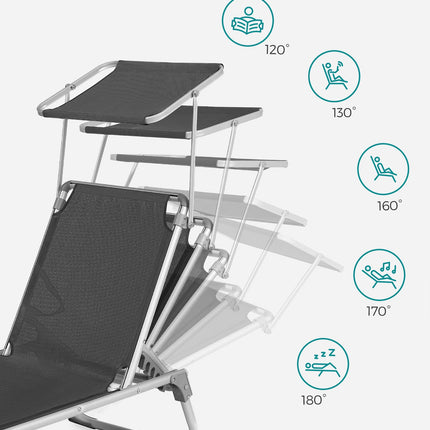 SONGMICS Sun Lounger Sun Lounger Garden Chair with Sun Canopy Adjustable Backrest Foldable Lightweight 55 x 193 x 31 cm Loadable up to 150 kg Garden Balcony and Terrace Anthracite GCB19GYV1