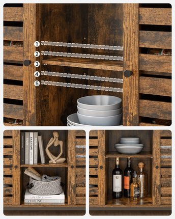 VASAGLE dressoir, zijkast, keukenkast met open rekken, halkast, ladekast met lamellendeuren, woonkamer, eetkamer, kantoor, hal, industrieel ontwerp, vintage, donkerbruin LSC79BX
