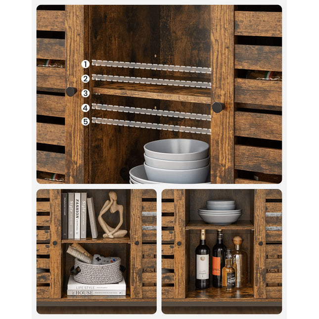 VASAGLE dressoir, zijkast, keukenkast met open rekken, halkast, ladekast met lamellendeuren, woonkamer, eetkamer, kantoor, hal, industrieel ontwerp, vintage, donkerbruin LSC79BX