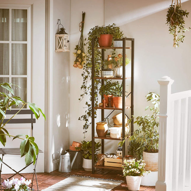 VASAGLE Bücherregal, Bücherregal, Standregal, 5-stufiges Lagerregal, Industriedesign, für Wohnzimmer, Büro, Arbeitszimmer und Flur, Stahlgestell, Spanplatte, Vintage Braun-Schwarz LLS100B01