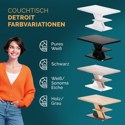 Derins  Couchtisch Detroit 90x45x60cm modernes Design 50mm Tischplatte 50kg Belastbarkeit Kratzfest Holz Wohnzimmer Sofatisch Beistelltisch Schwarz