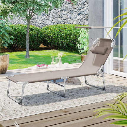SONGMICS Sun Lounger Sun Lounger Garden Lounger with Headrest and Sun Canopy Adjustable Backrest Lightweight Foldable 53 x 193 x 29.5 cm Loadable up to 150 kg Garden Balcony Taupe GCB192K01