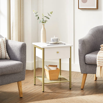 VASAGLE Nachttisch, Beistelltisch, mit Schublade und Gitterarbeitsplatte, für Schlafzimmer, Wohnzimmer, modern, Weißgold LET512A10