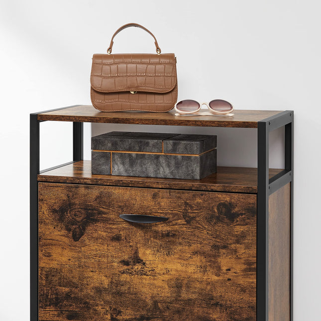 VASAGLE shoe cabinet with 2 flaps, shoe rack, shoe turner, shoe cabinet with 2 compartments, shoe shelves, in the hallway, for 8-12 pairs of shoes, space-saving, 60 x 30 x 95 cm, vintage brown-black LBS800B01
