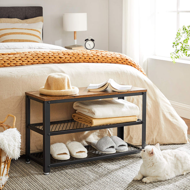 VASAGLE Shoe Bench, Shoe Rack with 2 Shelves, Shoe Storage, 73 x 30 x 45 cm, for Hallway, Hallway, Living Room, Metal Frame, Industrial Design, Vintage Brown-Black LBS73X